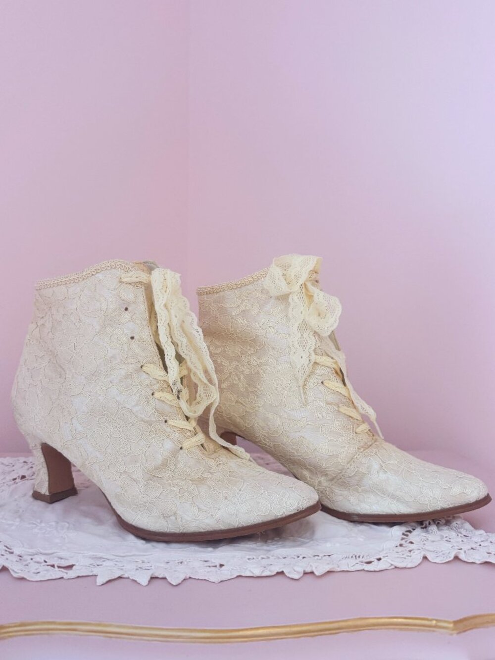 Vintage Victorian Ivory White Lace Ankle Boots Lolita Boho Wedding Whimsigoth